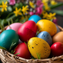 Colorful easter eggs in a basket on a wooden background.