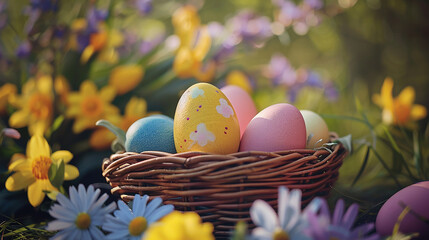 Easter eggs in a basket on a background of spring flowers.