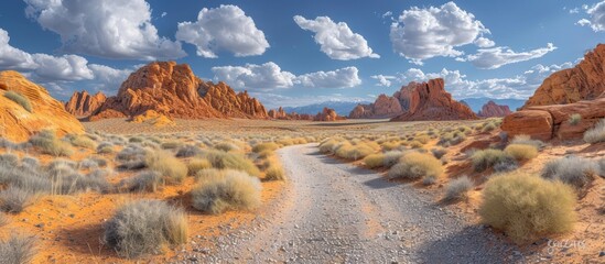 Valley of Fire State Park against a bright blue, cloudy sky