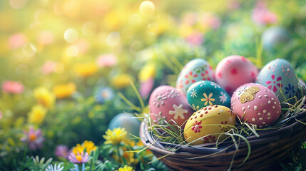 Colorful easter eggs in basket on green grass with bokeh background