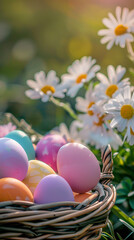 Colorful easter eggs in a basket and daisies in the garden