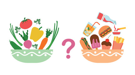 Two plates with healthy and fresh vegetables and unhealthy fast food. Weight loss concept - plate with organic food versus plate with junk food. Food choice concept.