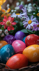 Fototapeta premium Colorful easter eggs in a basket and flowers on wooden background
