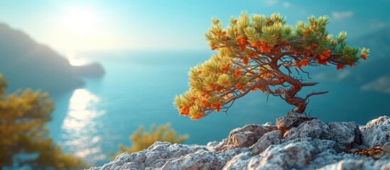 View of pine tree branches on mountain peak against blue sky