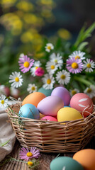 Obraz na płótnie Canvas Colorful easter eggs in a basket with daisies on wooden background