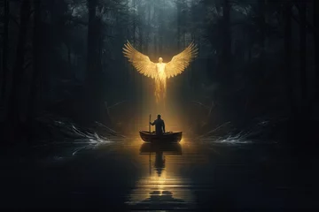 Papier Peint photo Lavable Ondes fractales man on boat facing a legendary angel in the dark forest hd wallpaper