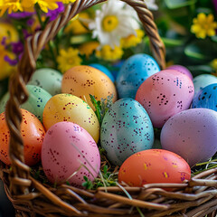 Colorful easter eggs in a basket on a background of spring flowers