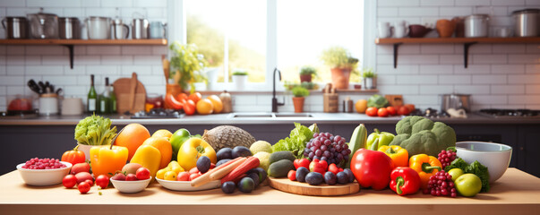 Background with the fruits and vegetables lying on the table in the kitchen. Healthy food and cooking concept. - obrazy, fototapety, plakaty