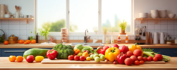 Background with the fruits and vegetables lying on the table in the kitchen. Healthy food and cooking concept. - obrazy, fototapety, plakaty