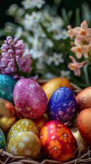 Colorful easter eggs in nest with spring flowers on dark background
