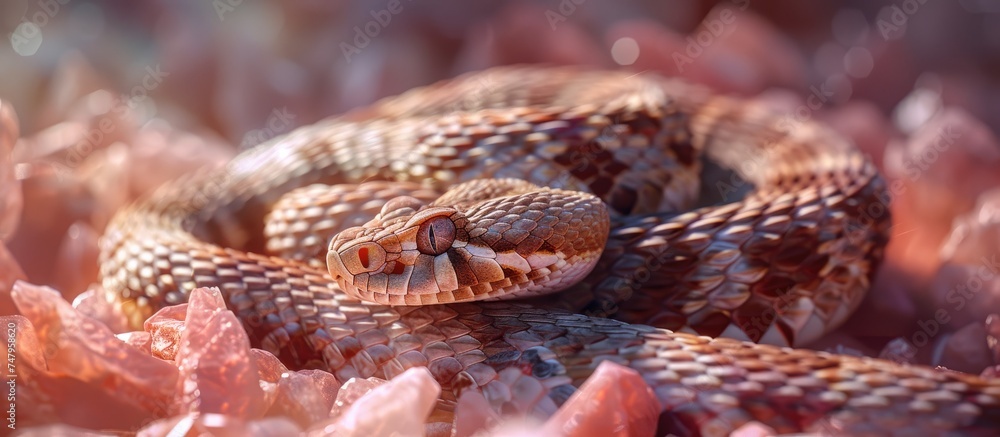 Poster a close-up view of a neotropical rattlesnake resting on red stones on the ground, showcasing its sca
