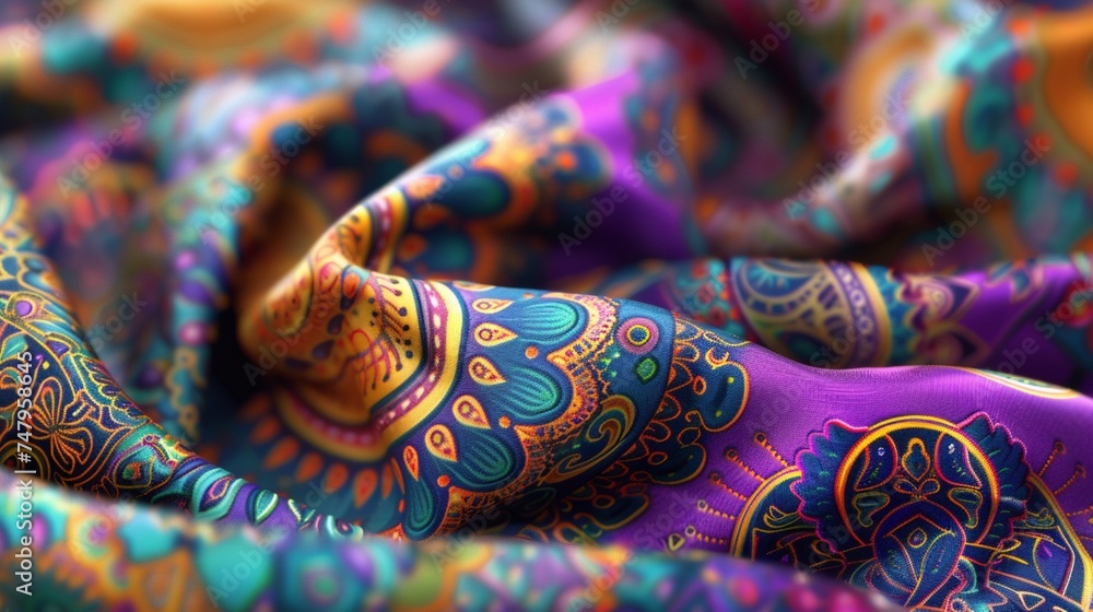 Poster intricate mandala-inspired patterns in vibrant hues intertwining seamlessly across the fabric.