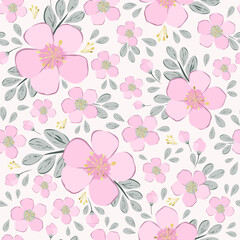 Vector illustration. Seamless pattern of delicate pink flowers on a light background, blooming apple, cherry, apricot. Printing on textiles, for packaging, product design.