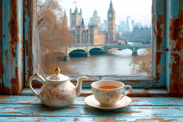 Antique teapot and cup on a rustic windowsill overlooking Westminster Bridge and Big Ben. Afternoon tea - obrazy, fototapety, plakaty
