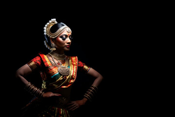 An Indian classical dancer in traditional attire striking a dynamic pose against a black background.