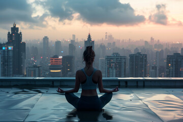 Woman sitiing in the lotus pose and meditating on the roof agaist the of city buildings. Healthy urban lifestyle