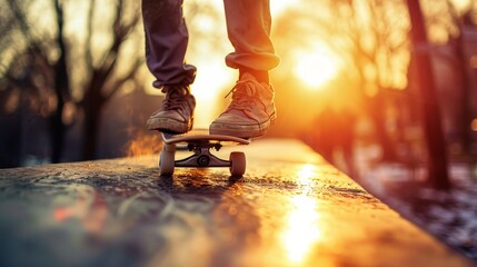 Close-up of a skateboarder's feet executing a trick on a ramp in an urban skatepark against the backdrop of a vibrant sunset. - obrazy, fototapety, plakaty