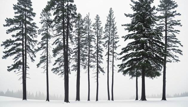 Silhouettes of Pine Trees, Evergreens, Big Tree and Firs against a White Background