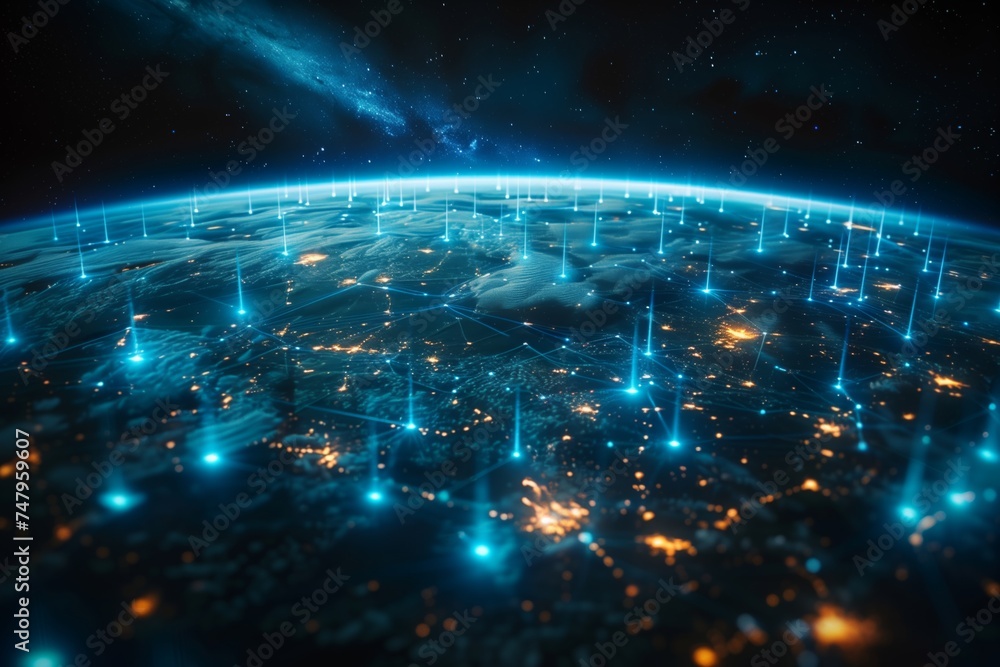 Wall mural a stylized futuristic view of cyberpunk earth from space with blue networking lines spreading across
