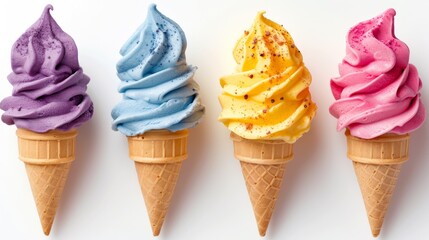 Colorful ice cream in waffle cones isolated on white background. - obrazy, fototapety, plakaty