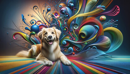 A joyful golden retriever lies in front of a vibrant explosion of colourful, swirling, abstract...