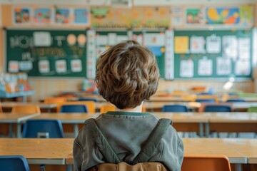 Fototapeta premium Back View of Young Student in Classroom Awaiting Lesson, Education Concept with Focus on Child's Head