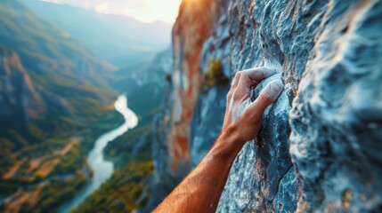 A close-up shot of a climber's hand securely grasping the textured surface of a cliff, with a winding river in the background.