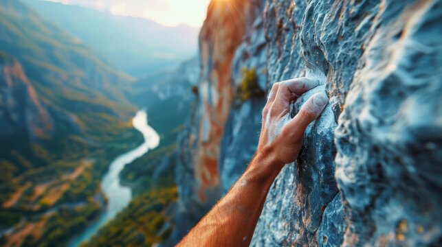 A close-up shot of a climber's hand securely grasping the textured surface of a cliff, with a winding river in the background.