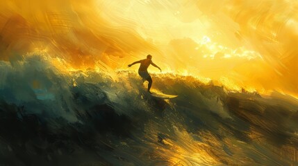 A surfer elegantly rides a towering wave, illuminated by the radiant glow of the setting sun in a dramatic seascape.