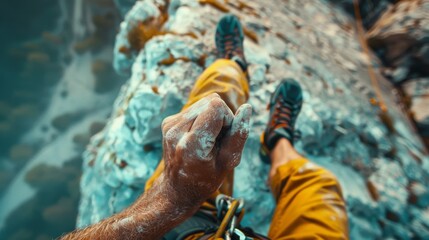 Obraz premium First-person view of a rock climber gripping the edge of a cliff, showcasing the challenge and thrill of the ascent.