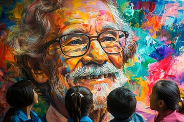 Smiling Elderly Artist on Vibrant Colorful Background Mural, Captivating Children’s Attention with Art
