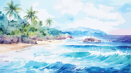 Fototapeta na wymiar Abstract watercolor beautiful paradise cove. Fresh