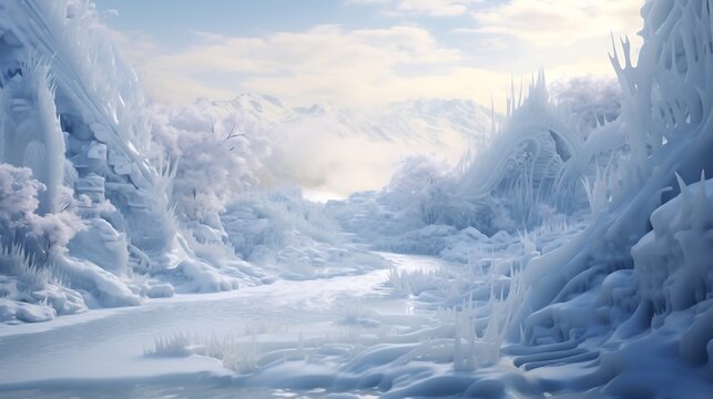 A picturesque, AI-generated winter landscape is transformed into a dreamscape by intricate ice sculptures, each an artistic masterpiece carved by AI. 
