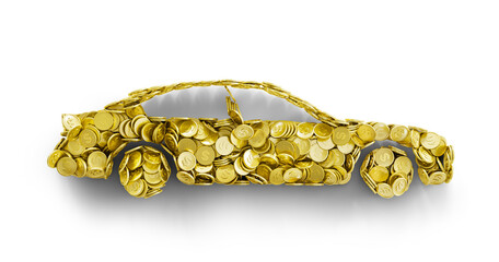 Pile of coins in form of car isolated on a white background. 3d illustration