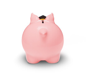 3d render of cute pink piggy bank with graduation hat isolated on a white background