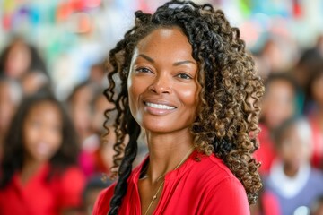 Confident African American Woman Smiling in Crowd, Vibrant Red Top, Casual Style, Natural Beauty, Diverse Group