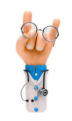 Cartoon hand doctor character show a rock gesture. 3d rendering