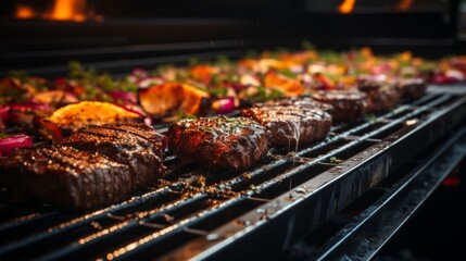 Summer barbecue gathering at sunset with grilled vegetables and juicy meat on the grill