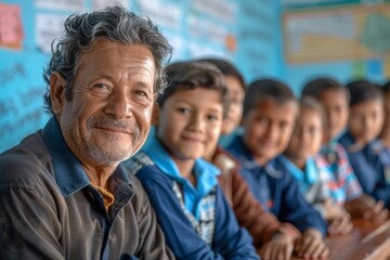 Fototapeta premium Senior Teacher with Smiling Students in Classroom Environment, Educational Concept