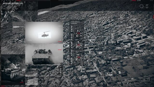 Surveillance military satellite tech examining a city. Surveillance military satellite system searching for target. Surveillance military satellite software calculating coordinates of target position.