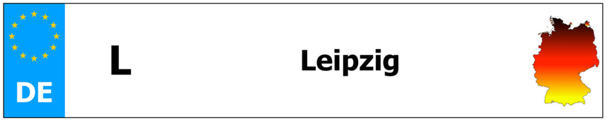 Leipzig Autokennzeichen Aufkleber Name und Karte von Deutschland. Fahrzeugkennzeichen Rahmen deutsche Nummer - obrazy, fototapety, plakaty