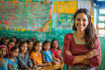 Smiling Female Teacher in Classroom with Diverse Group of Elementary Students