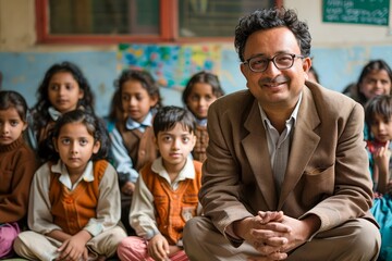 Obraz premium Smiling Teacher in Glasses Sitting in Front of Attentive Group of Primary Students in Classroom