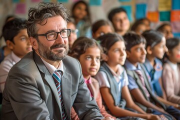 Obraz premium Mature Teacher with Glasses in Classroom Environment, Smiling Positively Surrounded by Diverse Group of Students