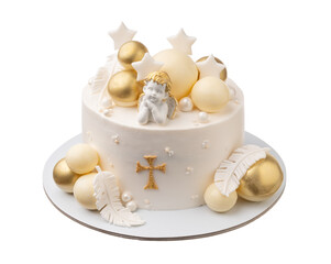 Decorative delicious baby baptism cake in the form of praying angel golden balloons. On a white...