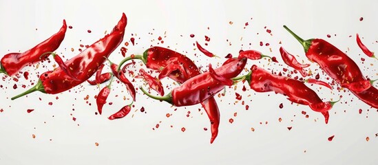 A group of vibrant red peppers, Capsicum, falling through the air against an isolated white background. The peppers create a fiery burst of color as they descend.