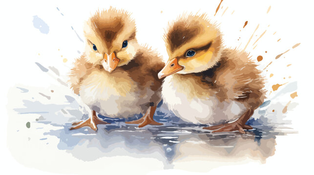 Cute ducklings on a white background watercolor 