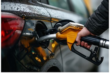 Person filling up car gas tank with yellow and black nozzle at gas station on sunny day - obrazy, fototapety, plakaty