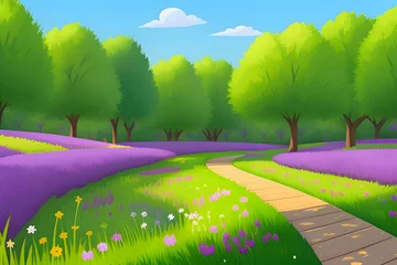 Papier Peint photo Vert Beautiful and Peaceful Nature Scenery Illustration, Landscape, Countryside, Tranquil, Vibrant and Colorful