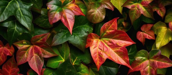 Multiple red and green leaves are arranged on top of each other, creating a visually striking and colorful composition. The leaves are vibrant and add a pop of color to any space.